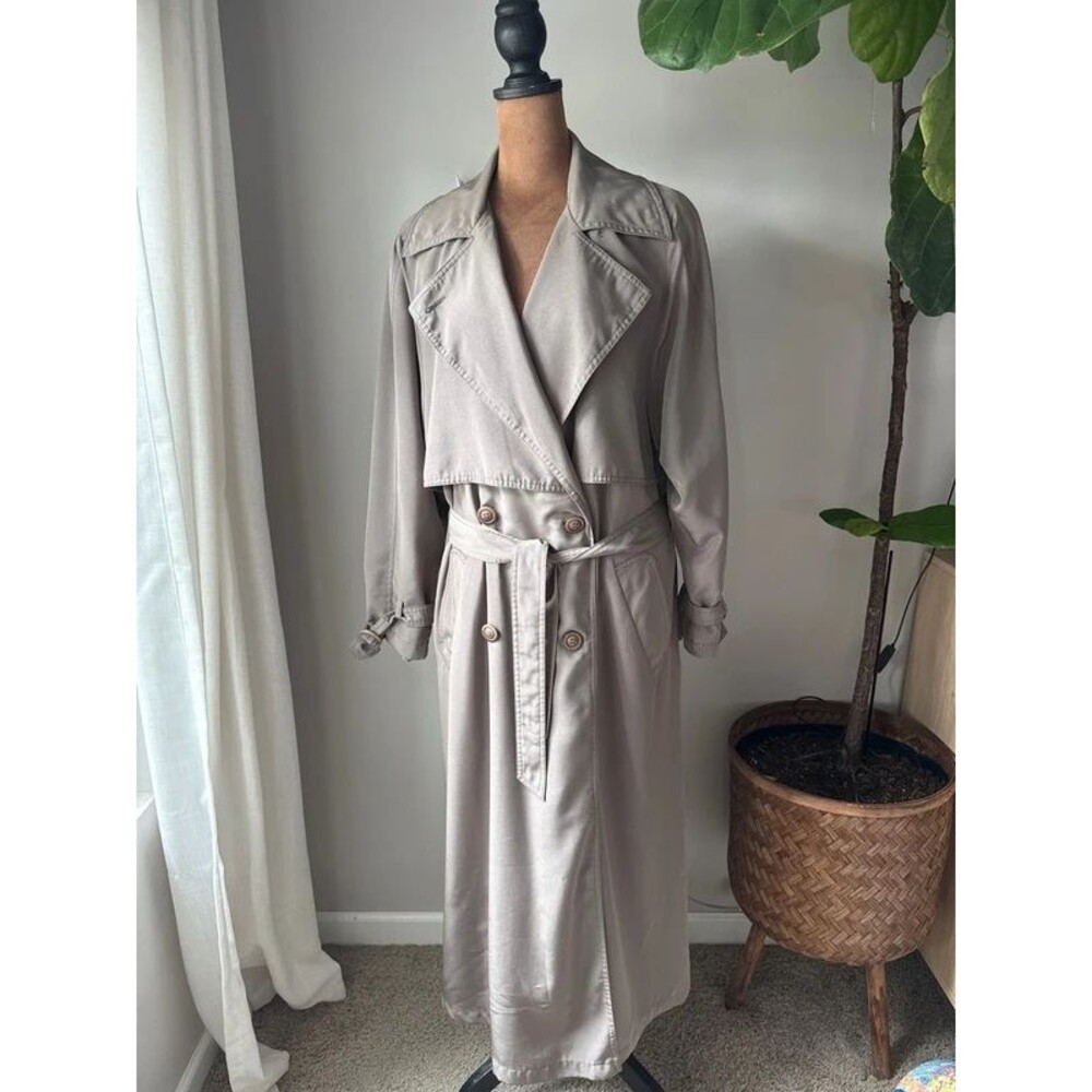 Saks Fifth Avenue Olive Taupe Belted Maxi Trench Coat Size 8